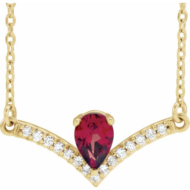 14K Yellow Gold Pear 6 X 4Mm I1, G-H 16 In Polished Natural Mozambique Garnet And .06 Ctw Natural Diamond Necklace
