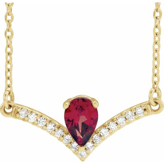 14K Yellow Gold Pear 6 X 4Mm I1, G-H 16 In Polished Natural Mozambique Garnet And .06 Ctw Natural Diamond Necklace