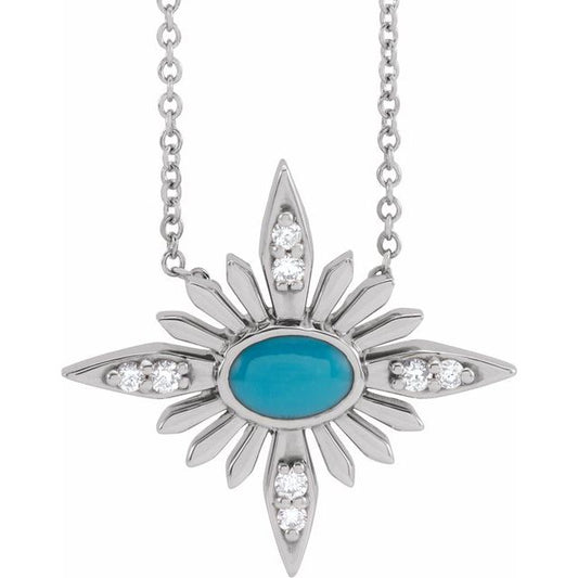 14K White Gold Oval 6 X 4Mm I1, G-H 16-18 In Polished Natural Turquoise And .08 Ctw Natural Diamond Necklace