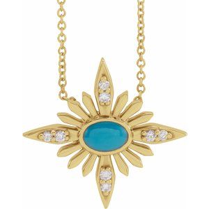 14K Yellow Gold Oval 6 X 4Mm G-H I1 Natural Turquoise And .08 Ctw Natural Diamond Necklace, Length: 18 In