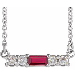 14K White Gold Straight Baguette 4 X 2Mm G-H I1 Natural Ruby And 1/8 Ctw Natural Diamond Bar Necklace, Length: 16 In