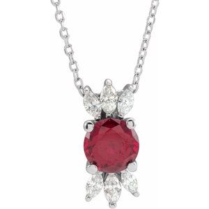 14K White Gold Round 6Mm Ghi I1 Lab-Grown Ruby And 1/5 Ctw Natural Diamond Necklace, Length: 18 In