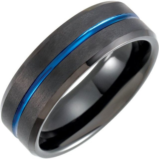 Black & Blue PVD Tungsten 8 mm Beveled-Edge Grooved Comfort-Fit Band Size 13.5