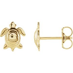 14K Yellow Gold 8.8 X 7.4 Mm Pair Friction Backs Included Polished Sea Turtle Earrings With Back
