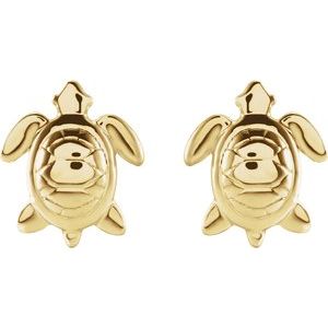 14K Yellow Gold 8.8 X 7.4 Mm Pair Friction Backs Included Polished Sea Turtle Earrings With Back