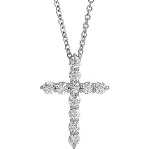 14K White Gold Round I1, G-H 16-18 In Polished Natural Diamond Cross Necklace