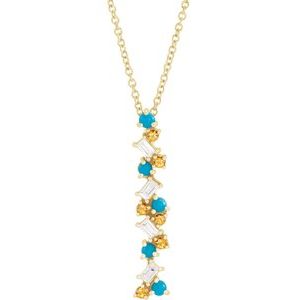14K Yellow Gold Natural Honey Passion Topaz, Natural Turquoise & 1/8 CTW Natural Diamond Scattered Bar 16-18" Necklace