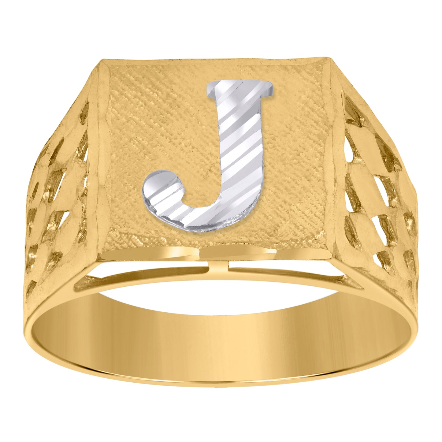 10K Two-Tone Gold Mens Diamond-Cut Textured Initial Letter Band Ring
