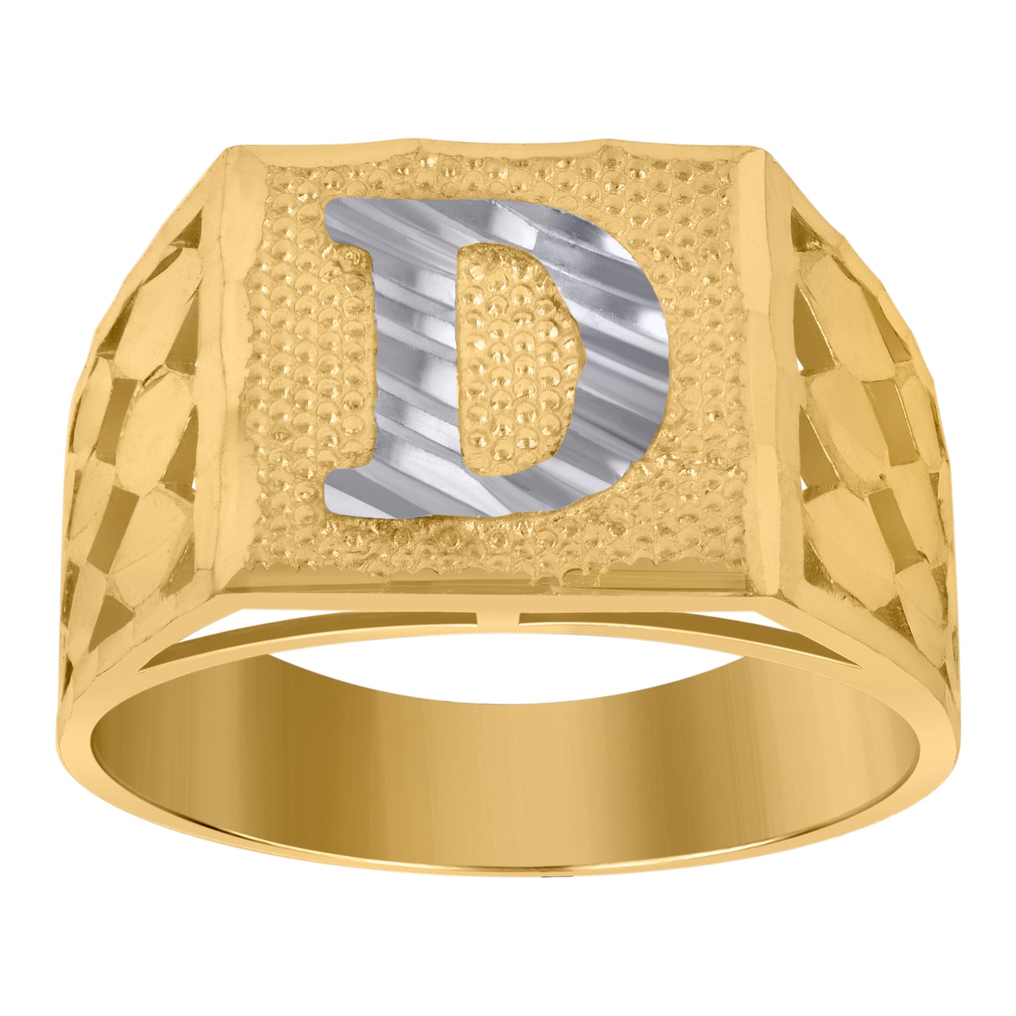 10K Two-Tone Gold Mens Diamond-Cut Textured Initial Letter Band Ring