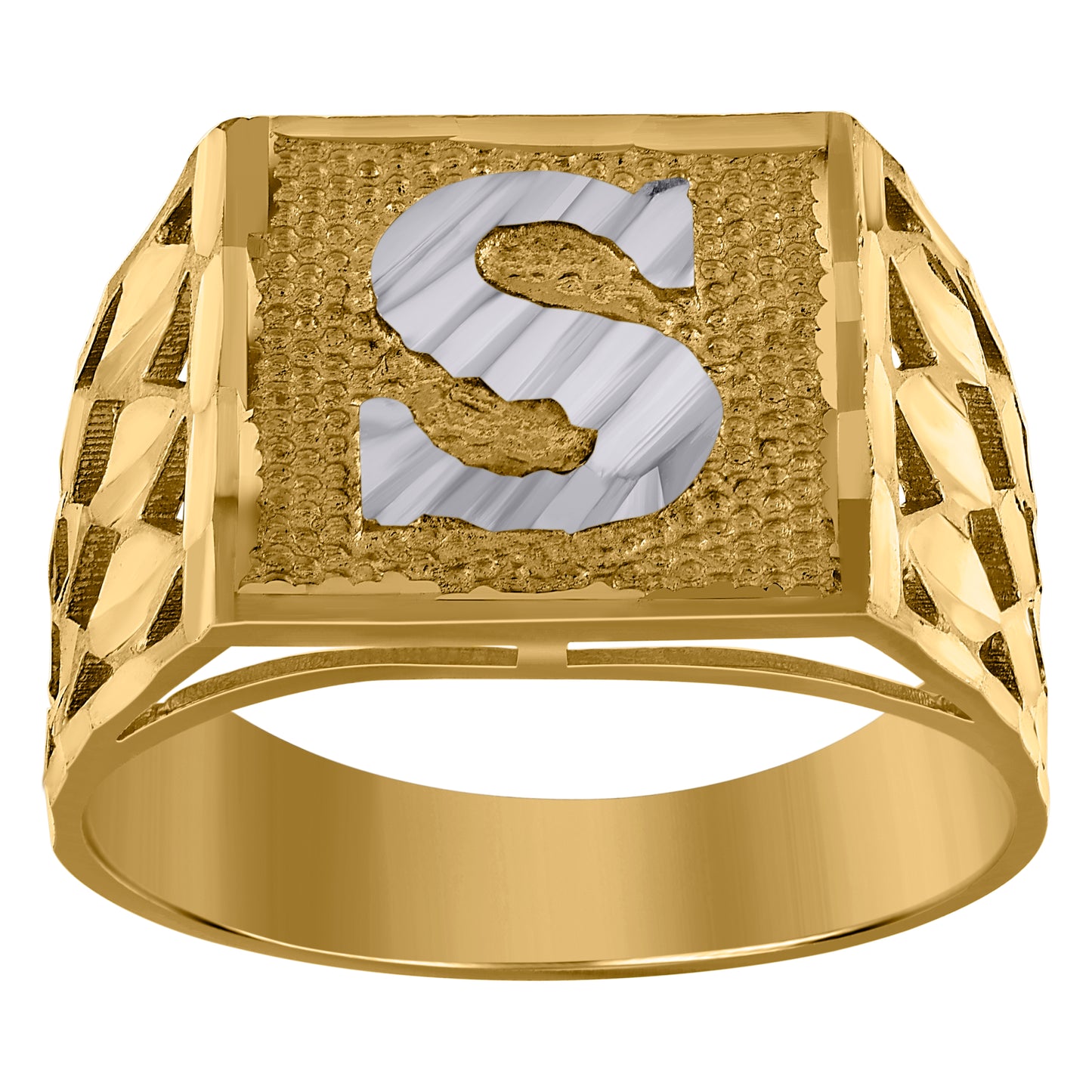 10K Two-Tone Gold Mens Diamond-Cut Textured Initial Letter Band Ring