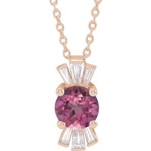 14K Rose Gold Round 6Mm Ghi Si2-Si3 Natural Pink Tourmaline And 1/6 Ctw Natural Diamond Necklace, Length: 18 In