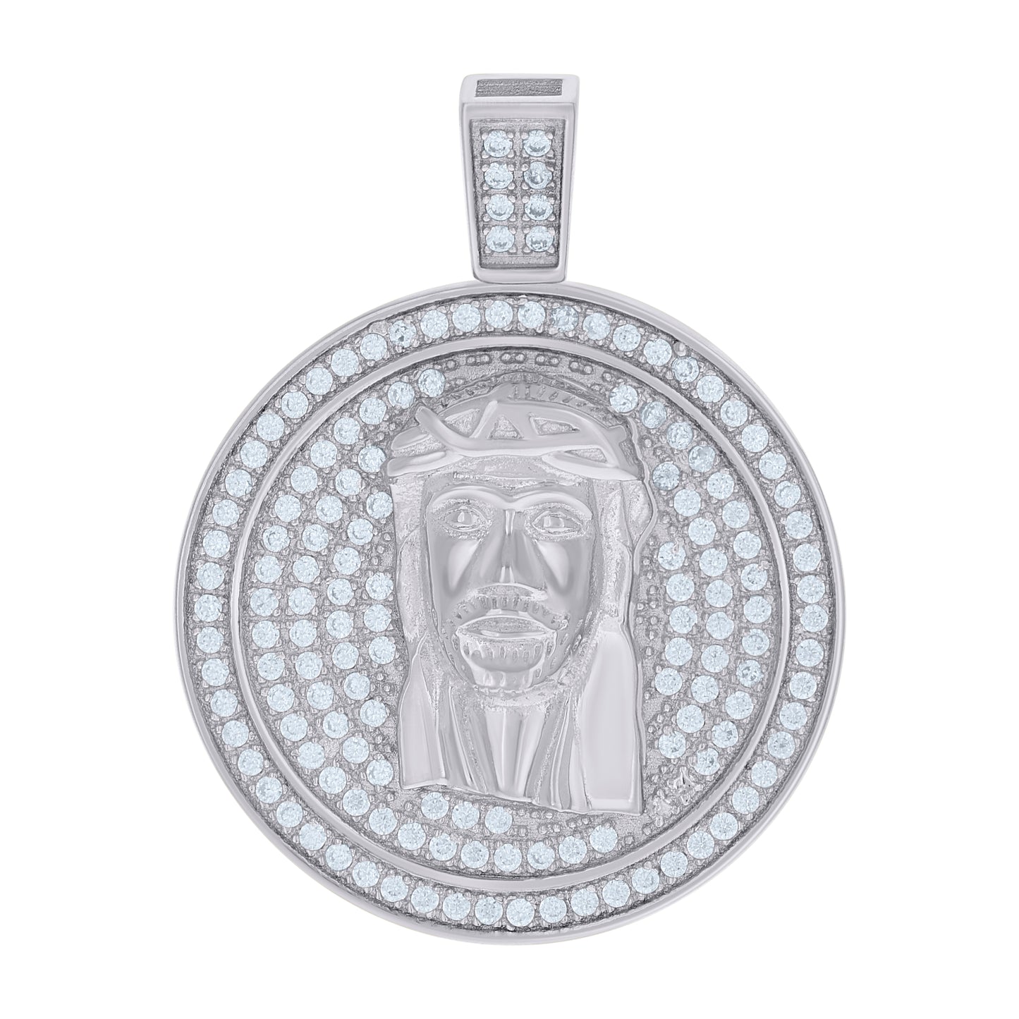 Sterling Silver Mens Cubic-Zirconia Medallion Jesus Religious Charm Pendant