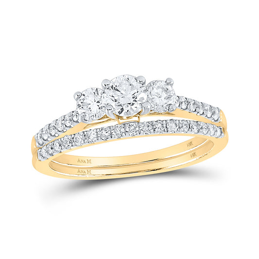 14K Yellow Gold Round Diamond 3-Stone Bridal Wedding Ring Band Set 1 Cttw, Womens Size: 5-10