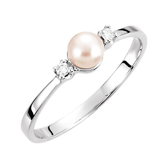 14K White Gold 4.5 Mm Polished Cultured White Akoya Pearl And .04 Ctw Natural Diamond Ring, Size 6