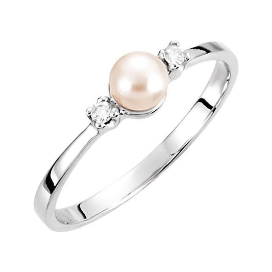 14K White Gold 4.5 Mm Polished Cultured White Akoya Pearl And .04 Ctw Natural Diamond Ring, Size 6