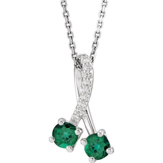 14K White Gold Round 4Mm I1, G-H 16-18 In Polished Lab-Grown Emerald And .05 Ctw Natural Diamond Necklace