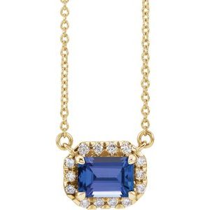 14K Yellow Gold Emerald 7 X 5Mm G-H I1 Natural Tanzanite And 1/5 Ctw Natural Diamond Necklace, Length: 18 In
