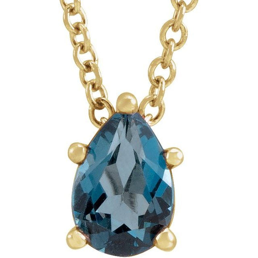 14K Yellow Gold Pear 6 X 4 Mm 16-18 In Polished Natural London Blue Topaz Necklace