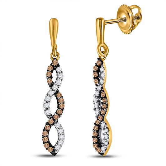 10K Yellow Gold Womens Round Brown Diamond Twist Dangle Earrings 1/5 Cttw