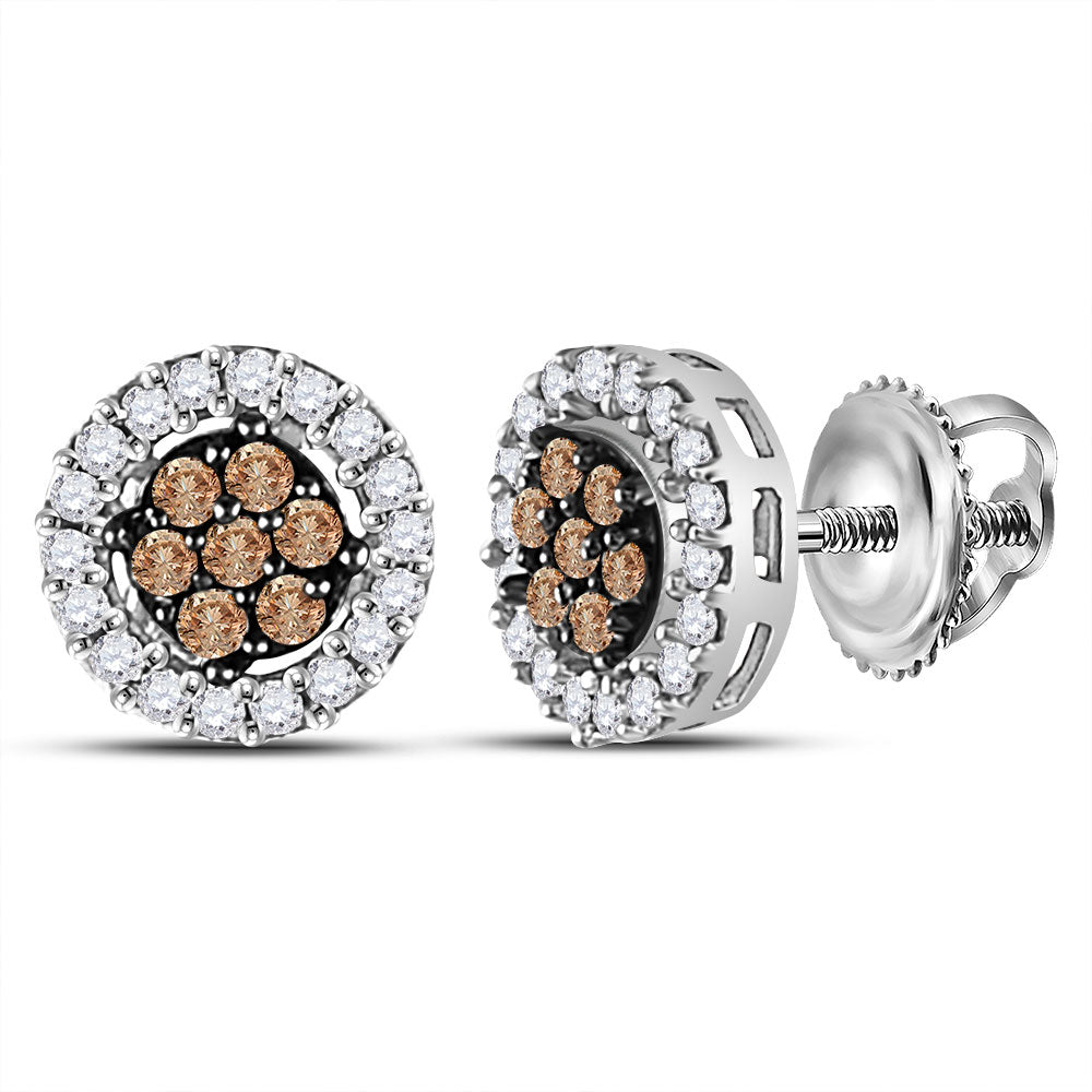 10K White Or Yellow Gold Womens Brown Diamond Flower Cluster Stud Earrings