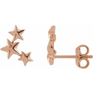 14K Rose Gold 11.4 X 4.3 Mm Pair Friction Backs Included Polished Star Ear Climbers