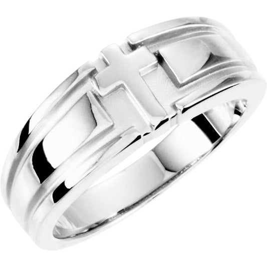 14K White Gold Polished Grooved Cross Design Band, Size 10