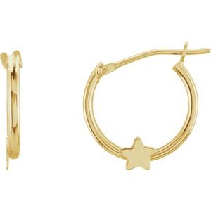 14K Yellow Gold Pair Youth Hinged Hoop Star Earrings, Length: 12.5 Mm, Thickness: 1 Mm
