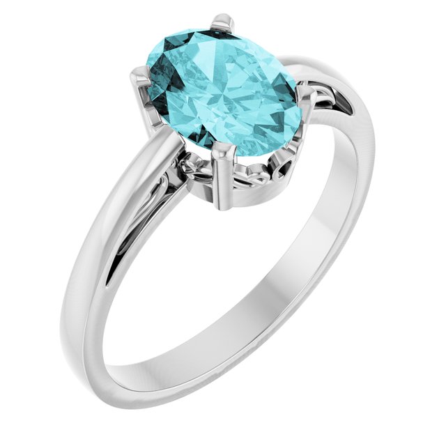 14K White Gold Oval 8 X 6 Mm Polished Natural Blue Zircon Solitaire Ring, Size 7