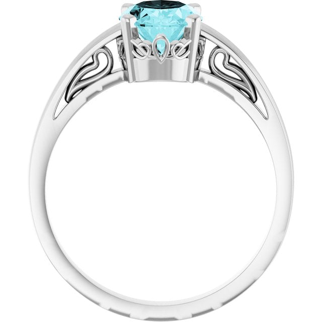 14K White Gold Oval 8 X 6 Mm Polished Natural Blue Zircon Solitaire Ring, Size 7