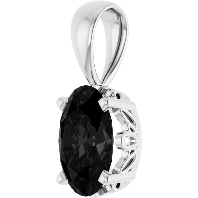 14K White Gold Oval  6 X 4 Mm Polished Natural Onyx Scroll Pendant