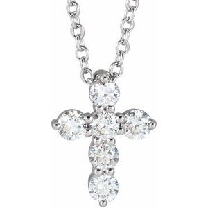 14K White Gold Round I1, G-H 16-18 In Polished Natural Diamond Cross Necklace