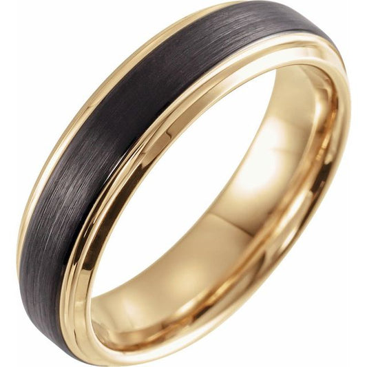 18K Yellow Gold & Black PVD Tungsten 6 Mm Polished Beveled Stepped-Edge Comfort-Fit Band