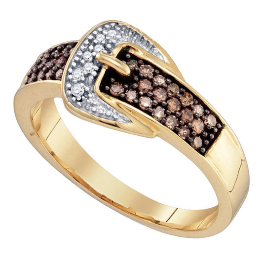 10K Yellow Gold Womens Round Brown Diamond Belt Buckle Band Ring 1/4 Cttw, Womens Size: 5-10