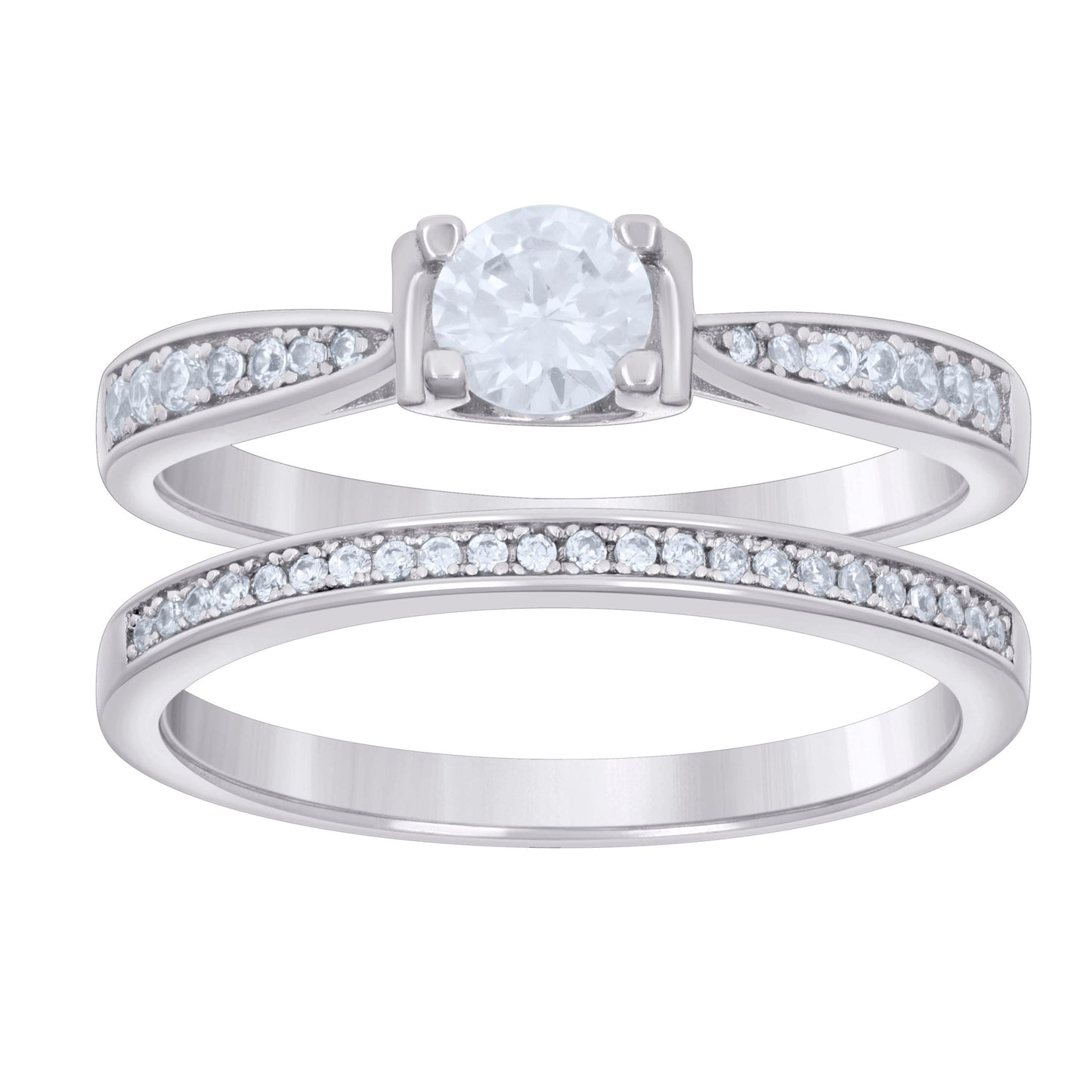 Sterling Silver Womens Cubic-Zirconia Fashion Duo Bridal Anniversary Wedding Engagement Band Ring Set