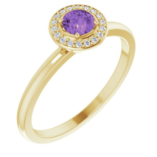 14K Yellow Gold Round 4 Mm Polished Natural Amethyst And .05 Ctw Natural Diamond Halo-Style Ring, Size 7