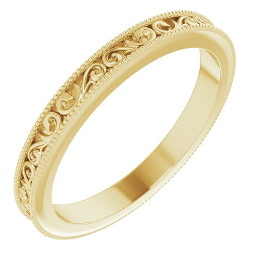 14K Yellow Gold Or Platinum 2.5 Mm Polished Milgrain Sculptural Standard-Fit Band With Bead Blast Finish