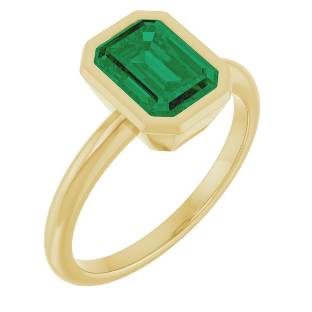 14K Yellow Gold Emerald 8 X 6 Mm Polished Lab-Grown Gem Solitaire Bezel-Set Ring Size 7