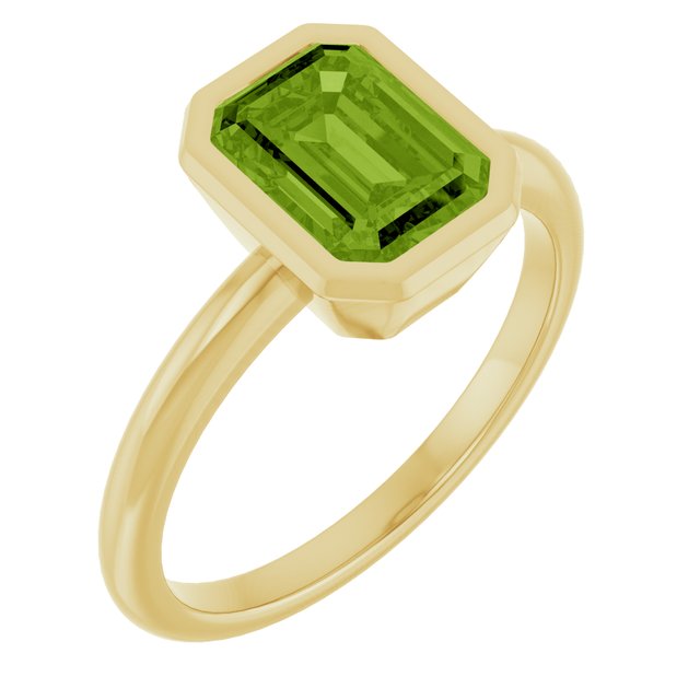 14K Yellow Gold Emerald 8 X 6 Mm Polished Natural Gem Solitaire Bezel-Set Ring Size 7