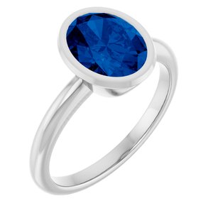 14K White Gold Oval Shape 9 X 7 Mm Lab-Grown Blue Sapphire Solitaire Ring Size 7