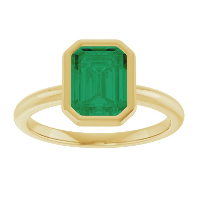 14K Yellow Gold Emerald 8 X 6 Mm Polished Lab-Grown Gem Solitaire Bezel-Set Ring Size 7