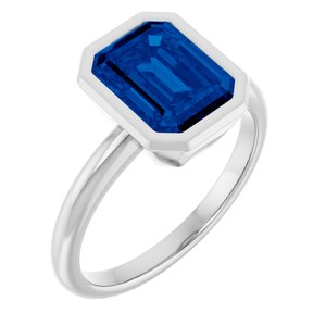 14K White Gold Emerald Shape 9 X 7 Mm Lab-Grown Blue Sapphire Ring Size 7