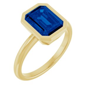 14K Yellow Gold Emerald Shape 9 X 7 Mm Lab-Grown Blue Sapphire Ring Size 7
