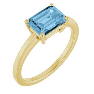 14K Yellow Gold  Emerald 8 X 6 Mm Polished Natural Sky Blue Topaz Solitaire Ring Size 7