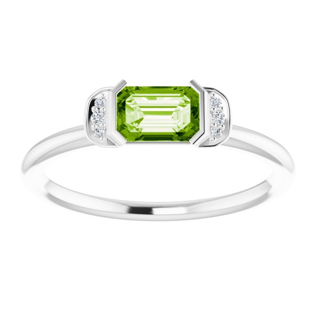 14K White Gold Emerald 6 X 4 Mm Polished Natural Peridot And .02 Ctw Natural Diamond Stackable Ring, Size 7