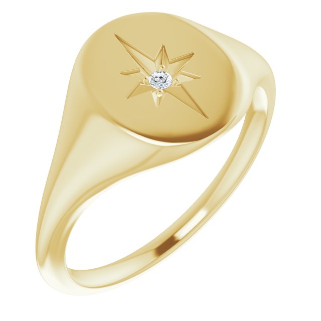 14K Yellow Gold Round 1.5 Mm Polished .02 Ct Natural Diamond Signet Ring, Size 7