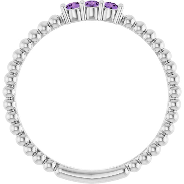 14K White Gold Round 2 Mm Polished Natural Amethyst Beaded Ring, Size 7