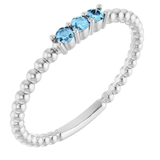 14K White Gold Or Sterling Silver Round 2 Mm Polished Natural Aquamarine Beaded Ring, Size 7