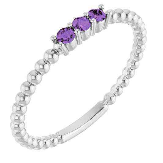 14K White Gold Round 2 Mm Polished Natural Amethyst Beaded Ring, Size 7