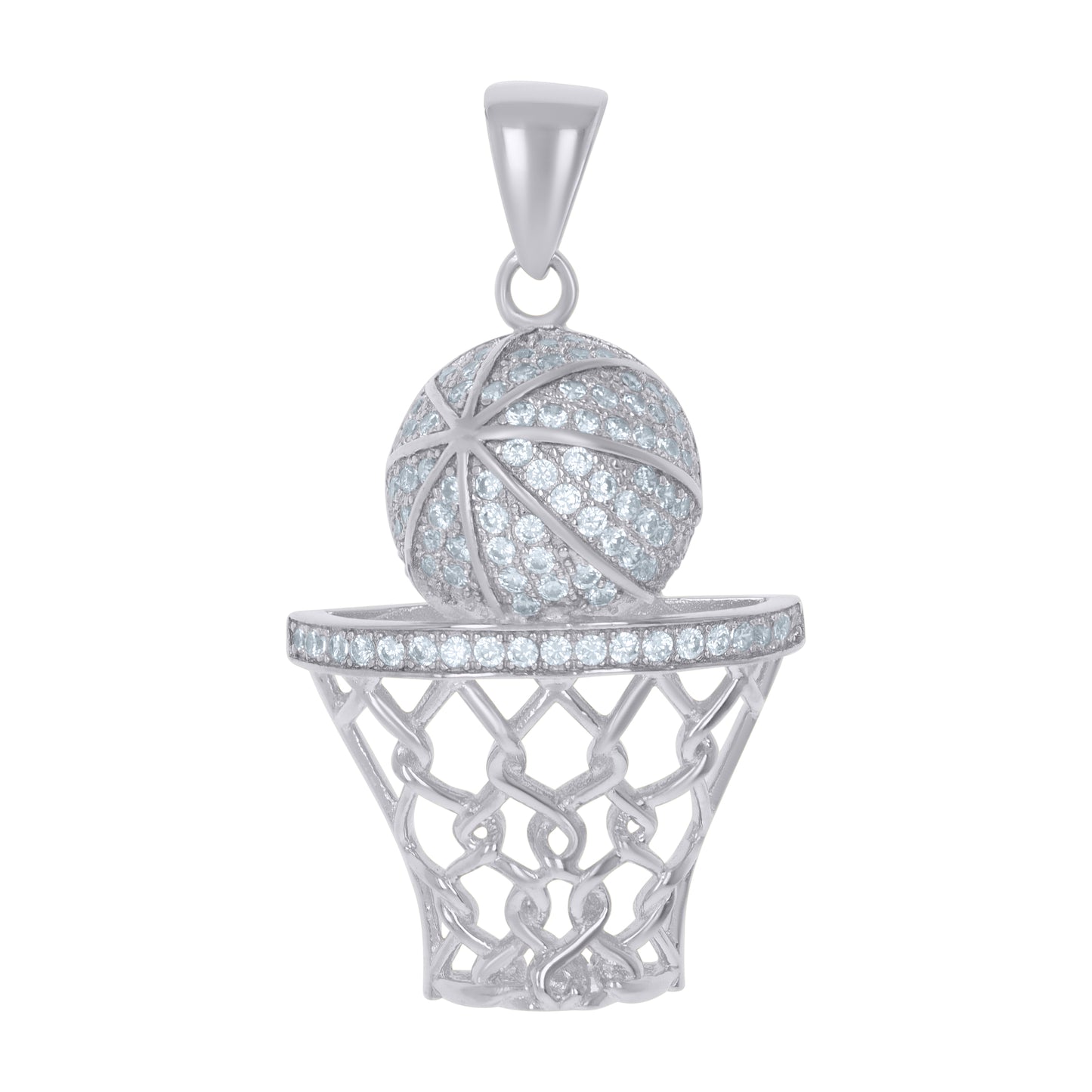 Sterling Silver Men Cubic-Zirconia Basket Ball Sports Charm Pendant