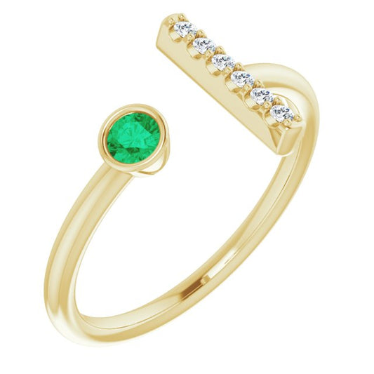 14K Yellow Gold Round 3 Mm Polished Lab-Grown Emerald And .05 Ctw Natural Diamond Bar Ring, Size 7